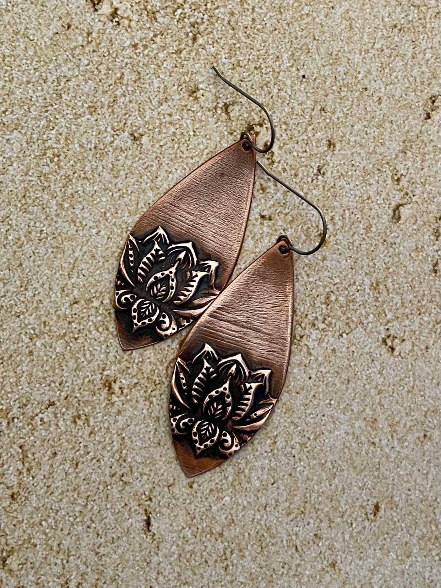 Embossed Copper Lotus Teardrop Earrings