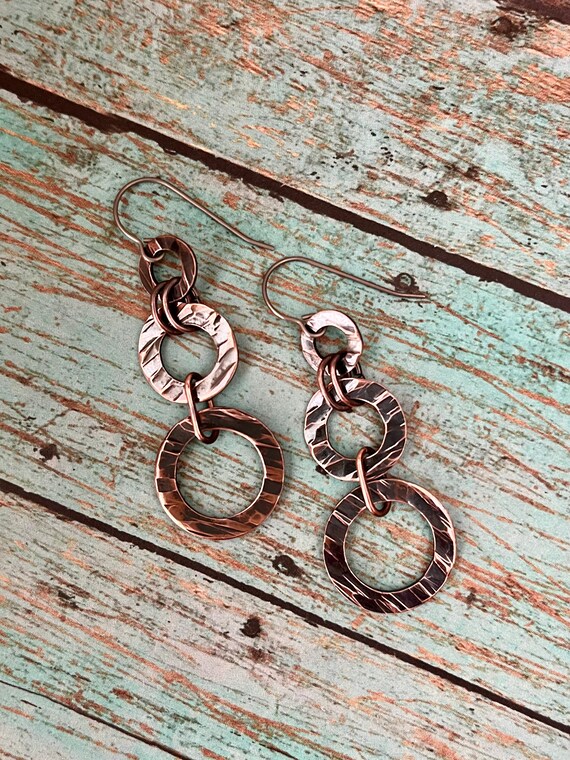 Rustic Hammered Floral Copper Dangle Earrings