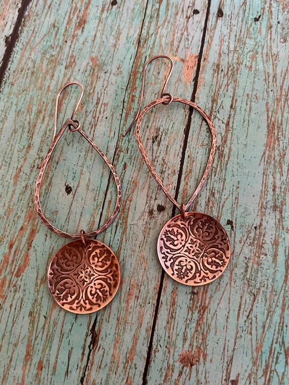 Long Boho Hammered Copper Dangle Hoop Earrings