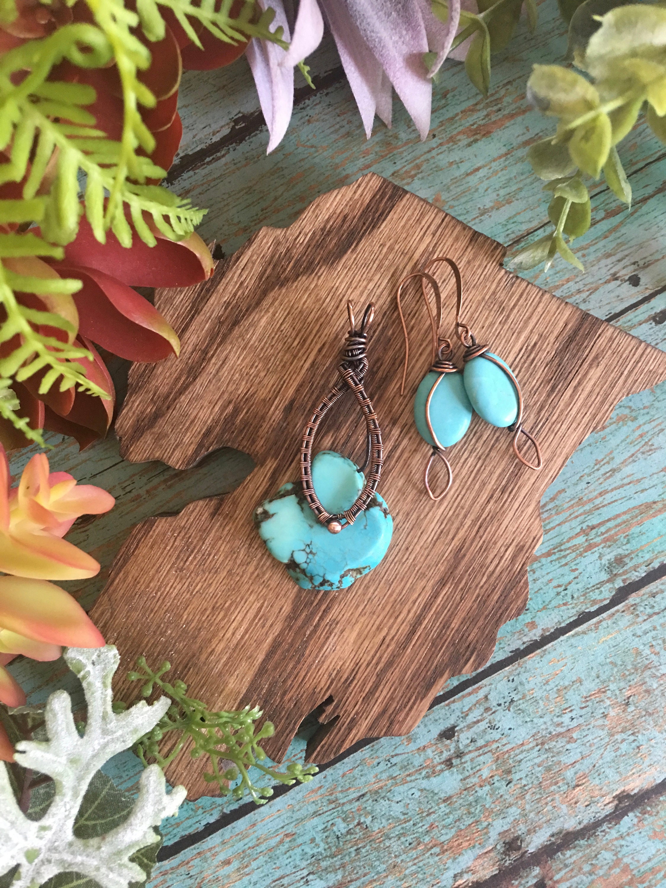 OOAK Antiqued Bare Copper Wire Wrapped Pendant Earrings Set with Turquoise Blue Howlite