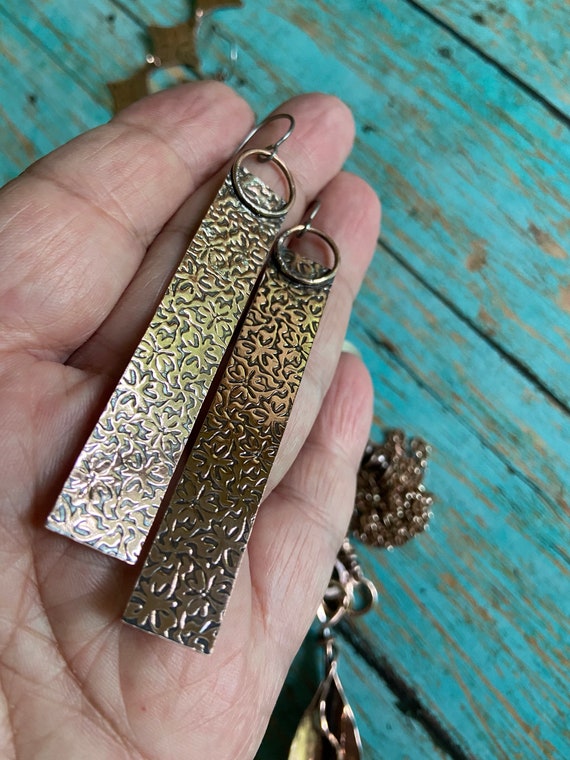 Long Rustic Textured Copper Earrings