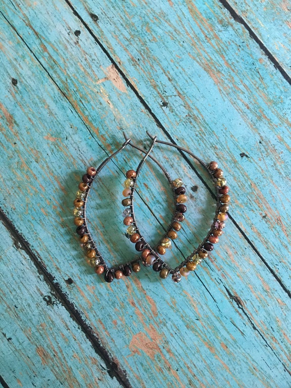 OOAK Boho Petal Hoop Earth Tone Beaded Earrings