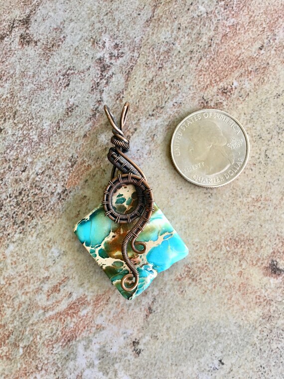 Antiqued Bare Copper Wire Wrapped Pendant Earrings Set with Freeform Turquoise Blue Imperial Jasper