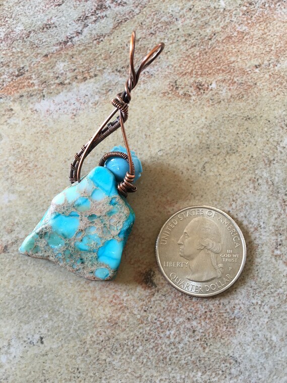 OOAK Antiqued Bare Copper Wire Wrapped Pendant with Freeform Turquoise Blue Imperial Jasper
