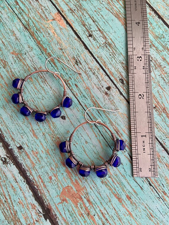 OOAK Blue Beaded Wire Wrapped Copper Hoop Earrings