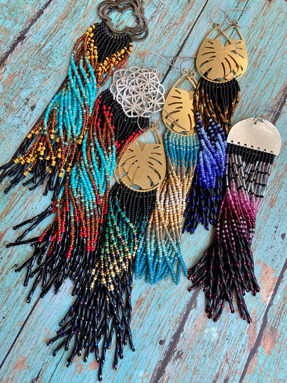 Long Bohemian Fringe Lightweight Ombre Shoulder Dusters Native American Inspired Gypsy Boho Hippie Chic Beaded Earrings