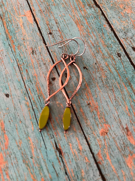 Olive Green Long Copper Earrings