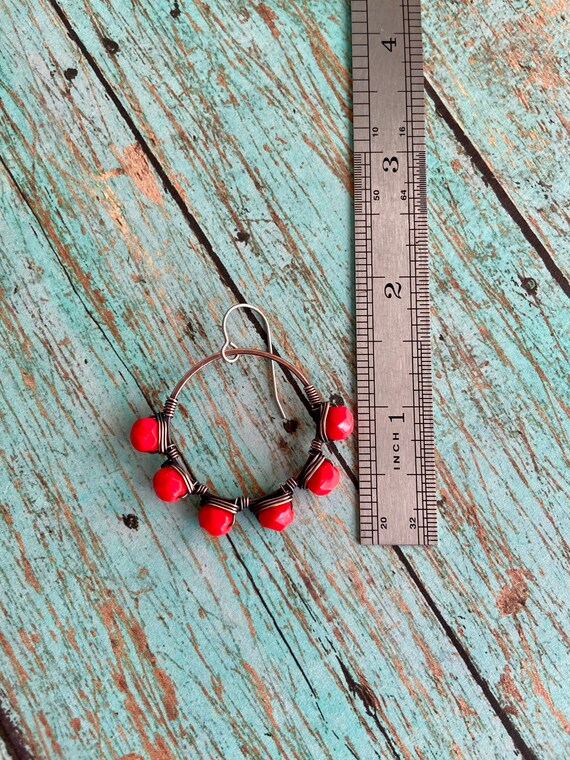 OOAK Red Beaded Wire Wrapped Copper Hoop Earrings