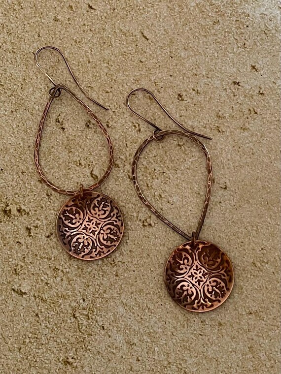 Long Boho Hammered Copper Dangle Hoop Earrings