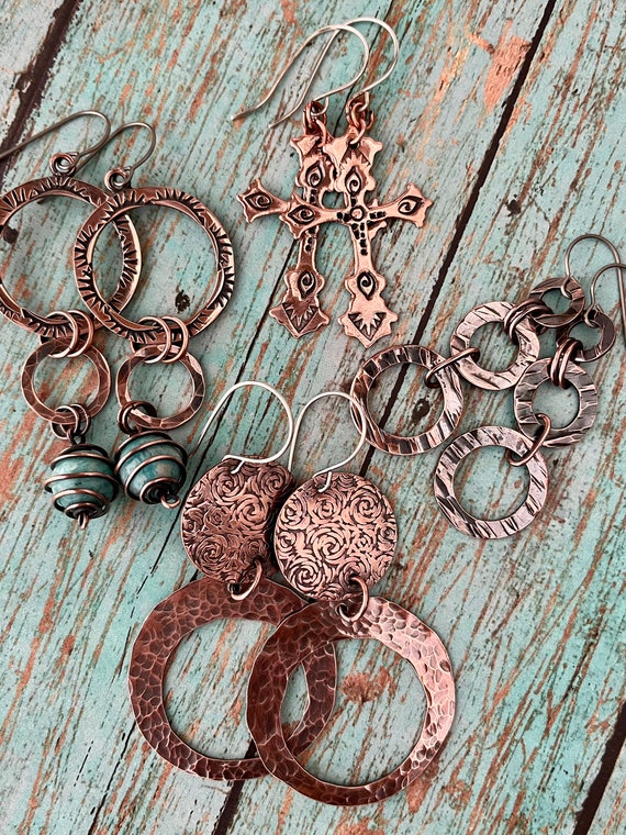 Boho Rustic Hammered Copper Amazonite Three Tiered Dangle Hoop Earrings