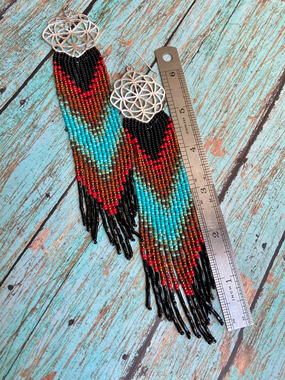 Long Bohemian Fringe Lightweight Ombre Shoulder Dusters Native American Inspired Gypsy Boho Hippie Chic Beaded Earrings