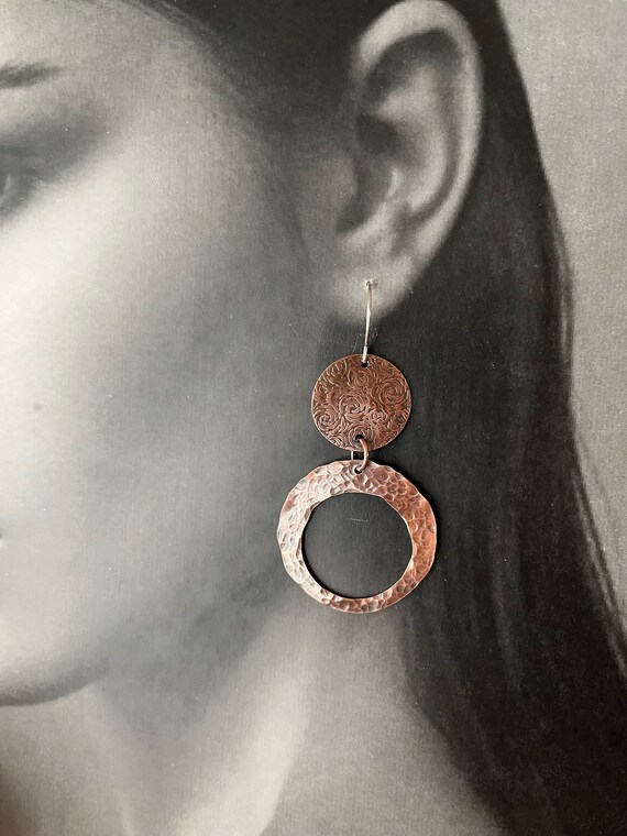 Boho Rustic Hammered Copper Amazonite Three Tiered Dangle Hoop Earrings