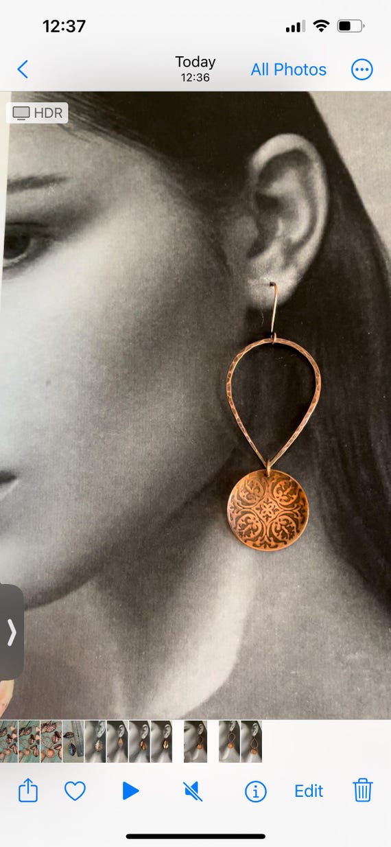 Long Boho Hammered Copper Dangle Hoop Earrings