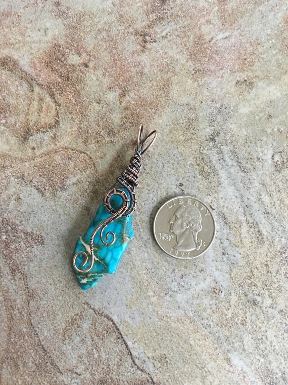 OOAK Antiqued Pure Copper Wire Wrapped Pendant Earrings Set with Freeform Turquoise Blue Imperial Jasper