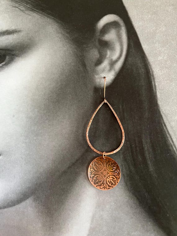 Long Boho Hammered Copper Dangle Hoop Earrings