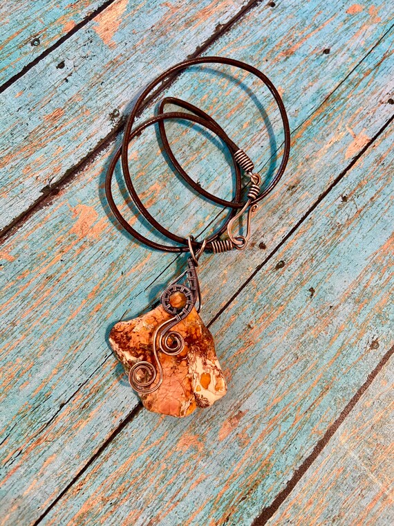 Antiqued Bare Copper Wire Wrapped Orange Imperial Jasper Freeform Pendant