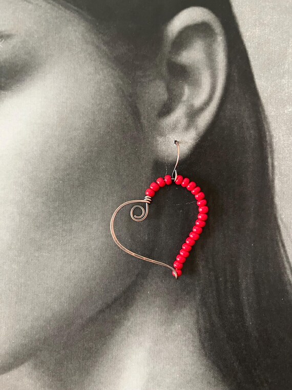 Red Beaded Heart Copper Hoop Earrings