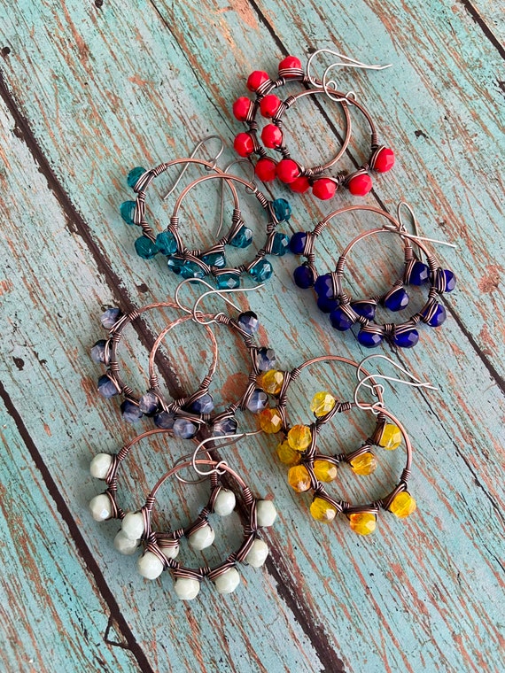 OOAK Beaded Wire Wrapped Copper Hoop Earrings
