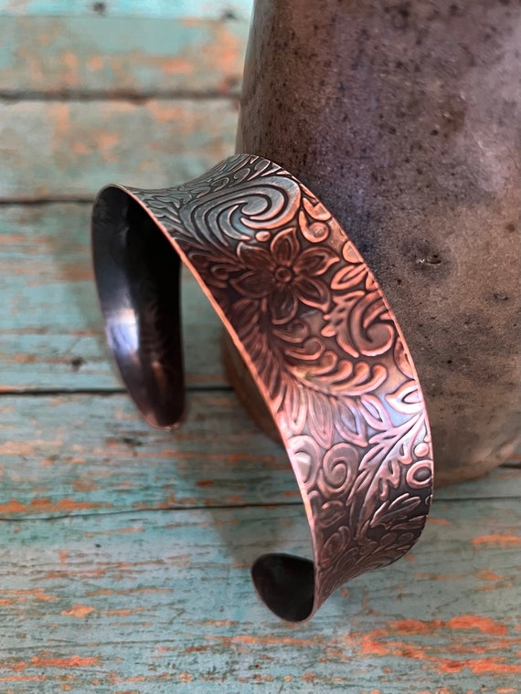Concave Solid Copper Floral Cuff Bracelet