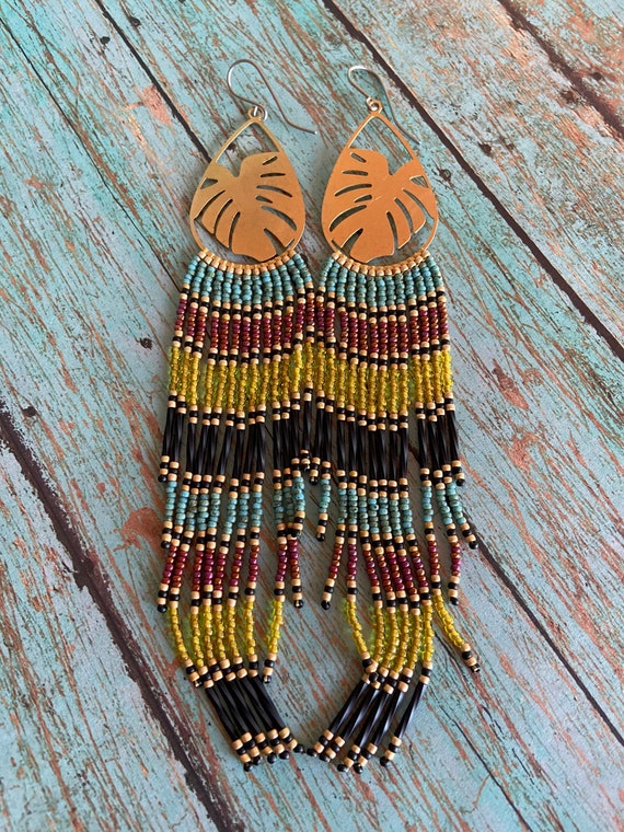 Long Bohemian Seed Beaded Fringe Lightweight Multicolored Shoulder Dusters Native American Inspired Gypsy Boho Hippie Chic Beaded Earrings