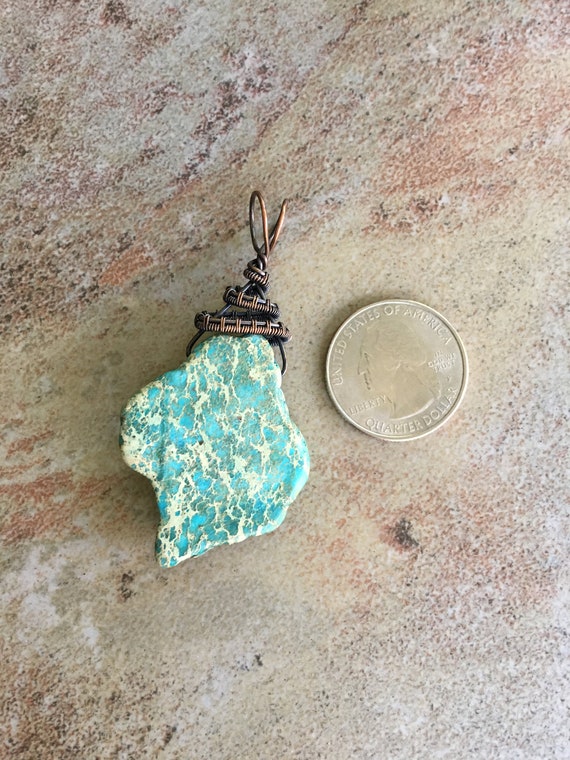 Antiqued Bare Copper Wire Wrapped Pendant Earrings Set with Freeform Turquoise Blue Imperial Jasper