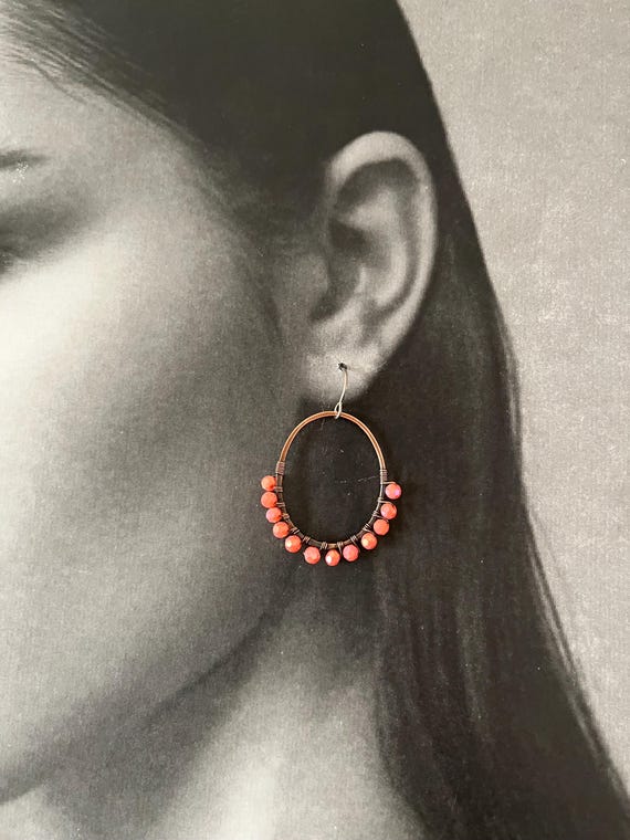 Orange Oval Beaded Wire Wrapped Copper Hoop Earrings