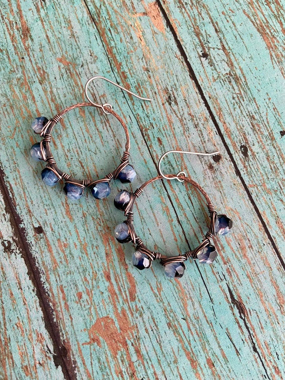 OOAK Beaded Wire Wrapped Copper Hoop Earrings