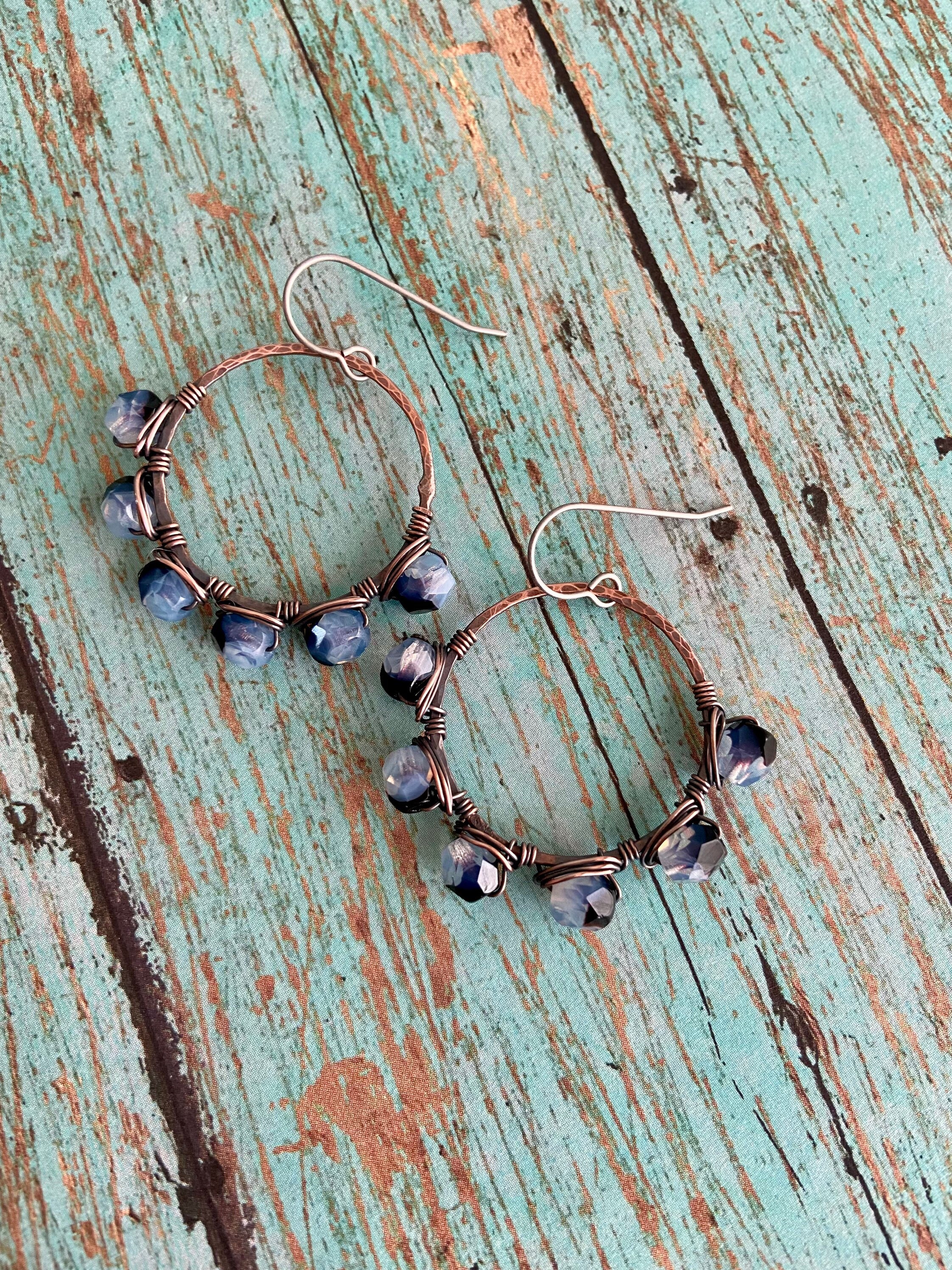 OOAK Beaded Wire Wrapped Copper Hoop Earrings