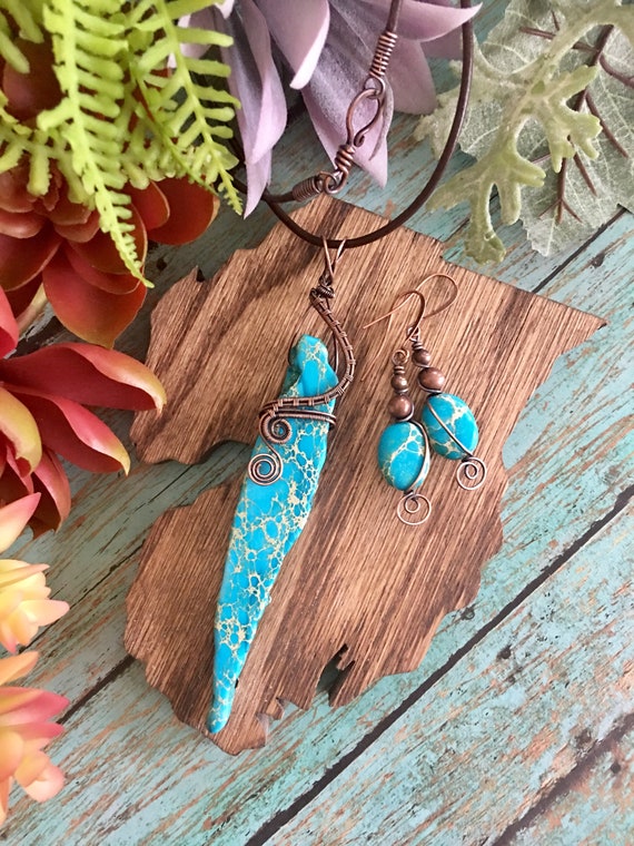 OOAK Antiqued Bare Copper Wire Wrapped Pendant Earrings Set with Turquoise Blue Howlite