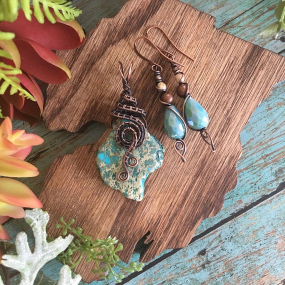 Antiqued Bare Copper Wire Wrapped Pendant Earrings Set with Freeform Turquoise Blue Imperial Jasper