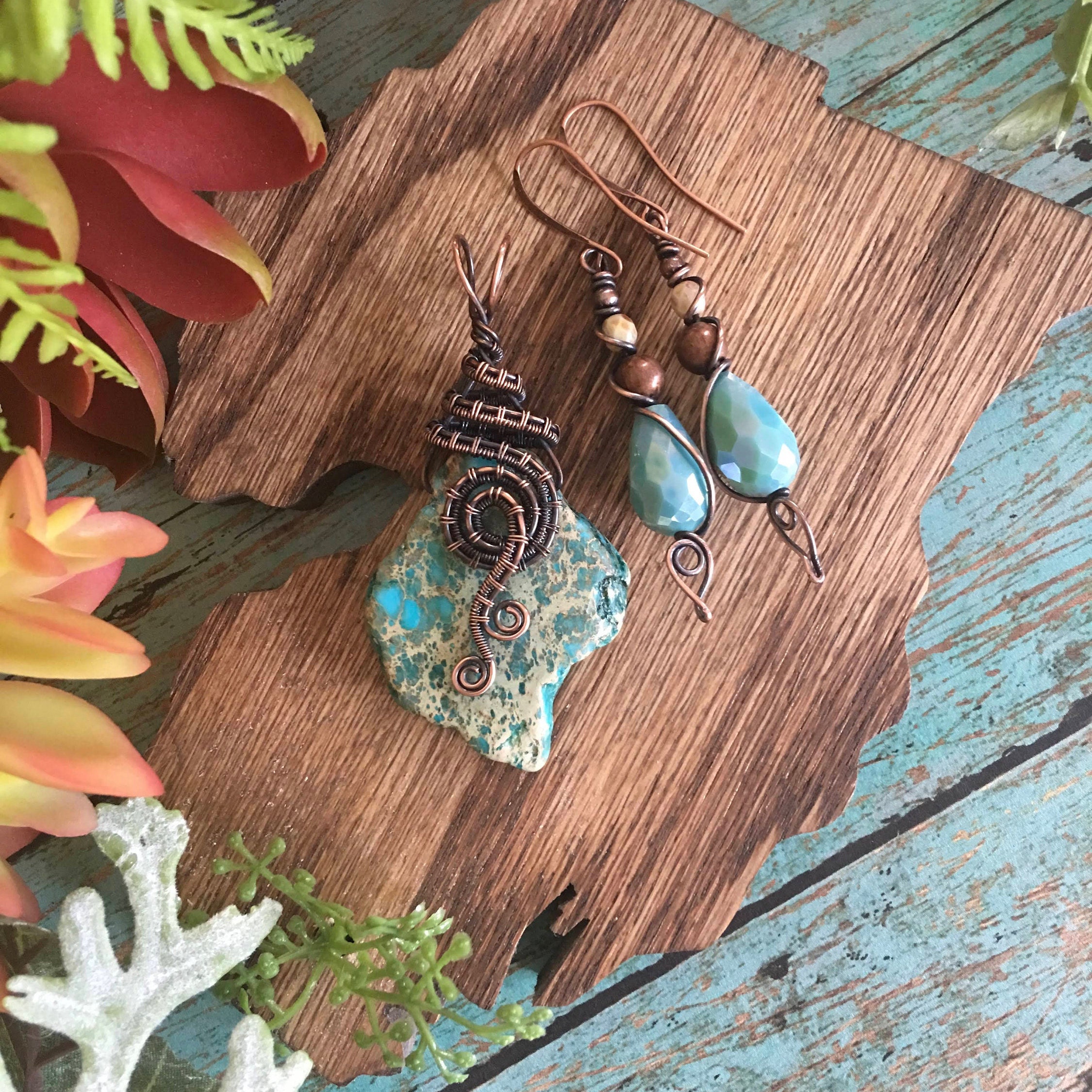 Antiqued Bare Copper Wire Wrapped Pendant Earrings Set with Freeform Turquoise Blue Imperial Jasper