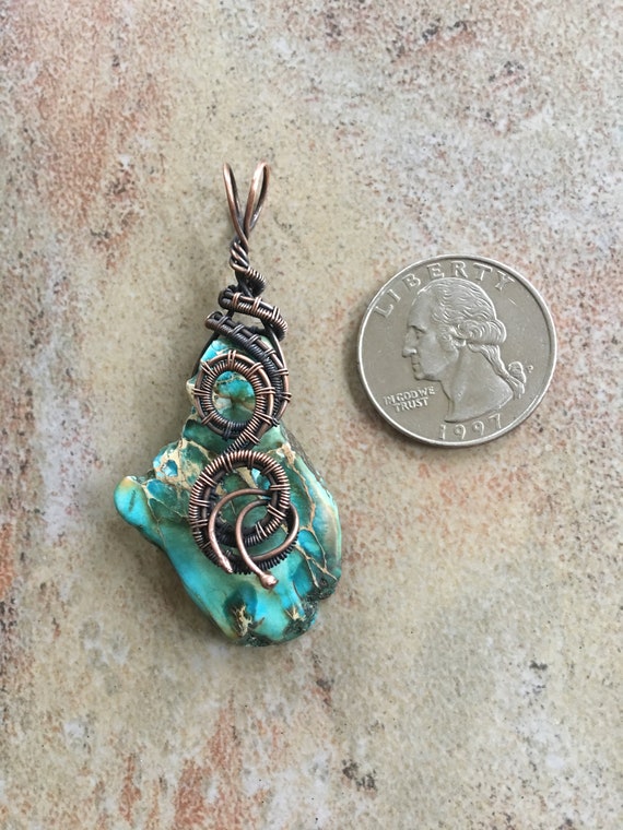 Antiqued Bare Copper Wire Wrapped Pendant Earrings Set with Freeform Turquoise Blue Imperial Jasper