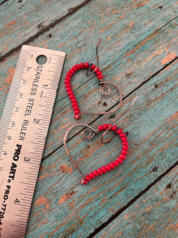 Red Beaded Heart Copper Hoop Earrings