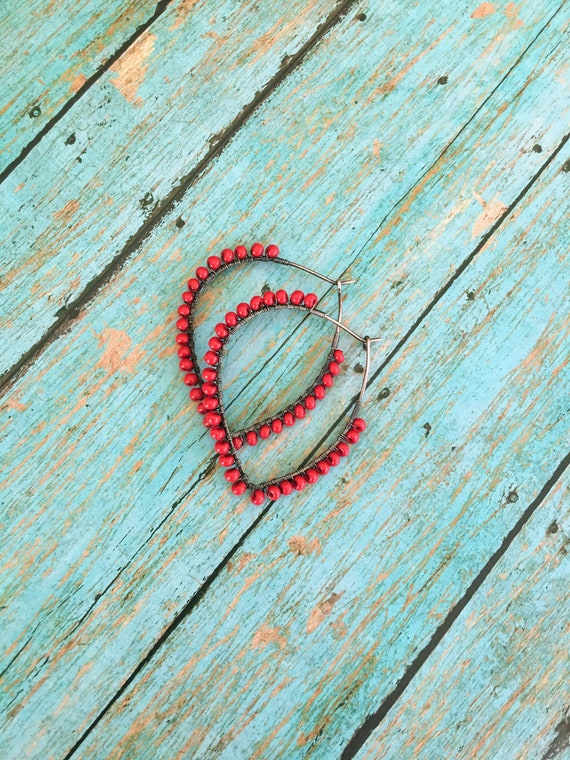 OOAK Boho Petal Hoop Red Beaded Earrings