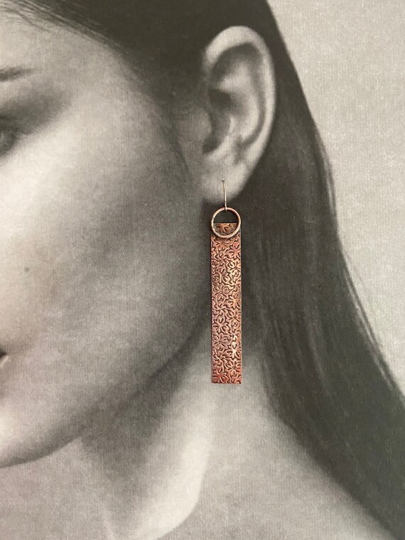 Long Rustic Textured Copper Earrings