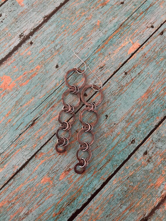 Long Rustic Hammered Copper Dangle Earrings