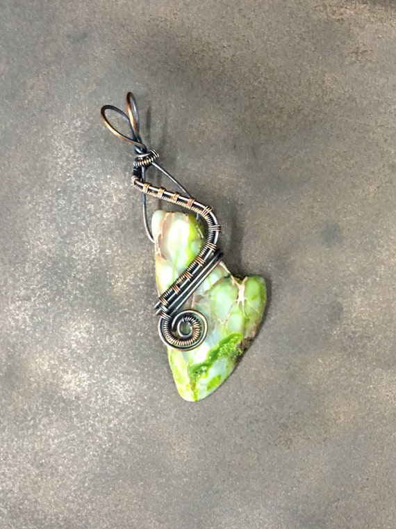 Antiqued Bare Copper Wire Wrapped Pendant with Freeform Apple Green Imperial Jasper