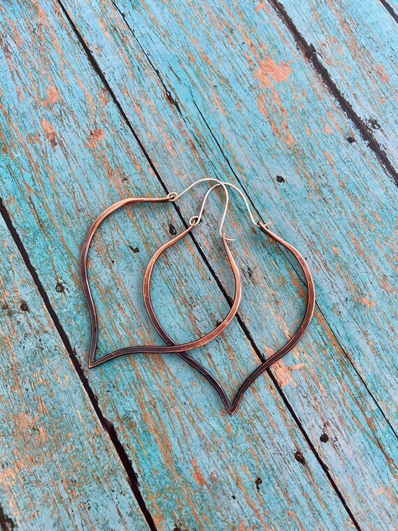 Medium Large Copper Lotus Petal Hoop Earrings