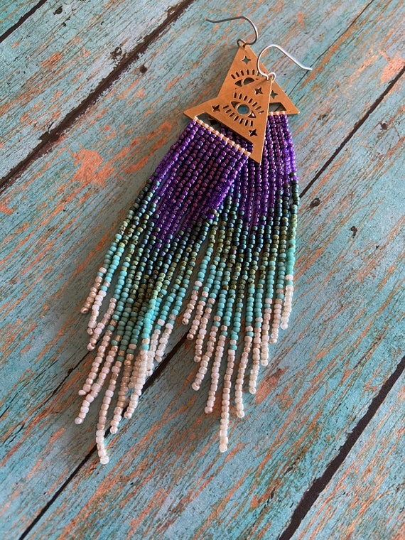 Long Bohemian Seed Beaded Fringe Lightweight Multicolored Shoulder Dusters Native American Inspired Gypsy Boho Hippie Chic Beaded Earrings