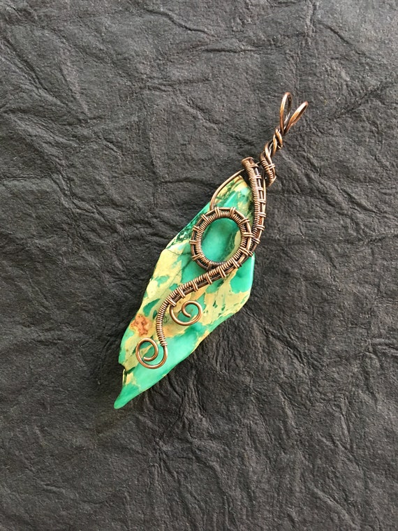 OOAK Antiqued Bare Copper Wire Wrapped Pendant with Freeform Turquoise Blue Imperial Jasper