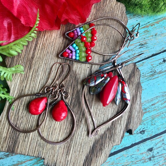 OOAK Beaded Wire Wrapped Copper Hoop Earrings