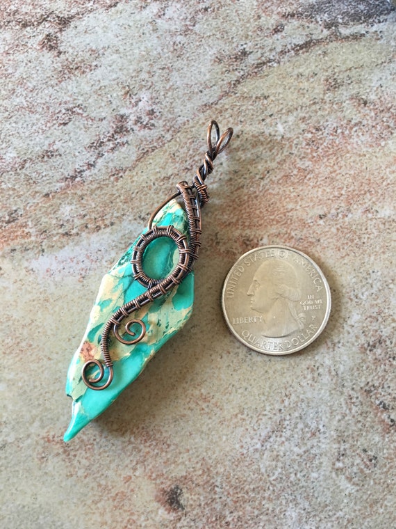 OOAK Antiqued Bare Copper Wire Wrapped Pendant with Freeform Turquoise Blue Imperial Jasper