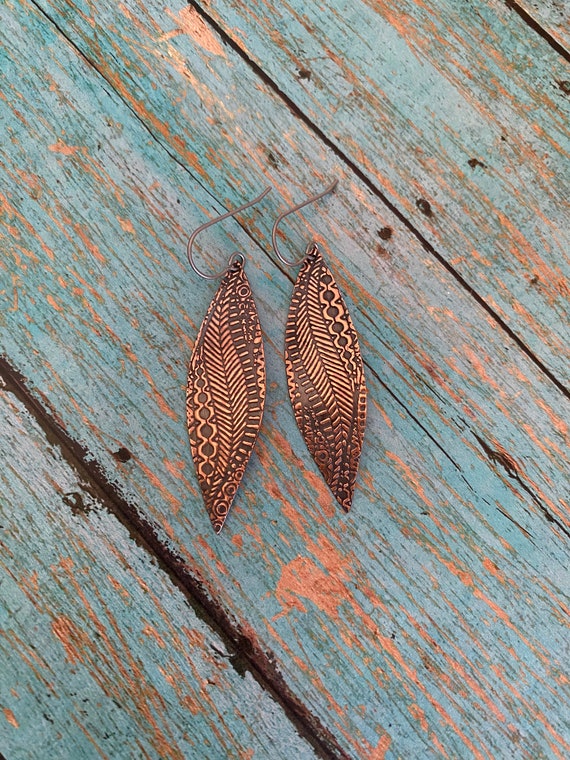 Embossed Copper Leaf Earrings