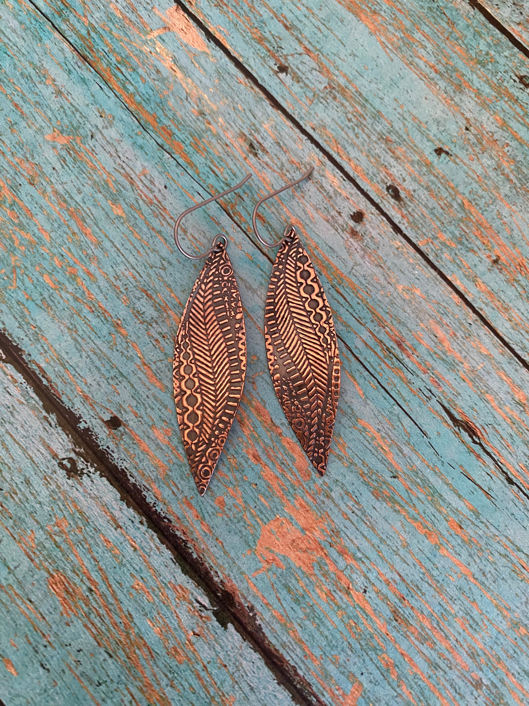 Embossed Copper Leaf Earrings