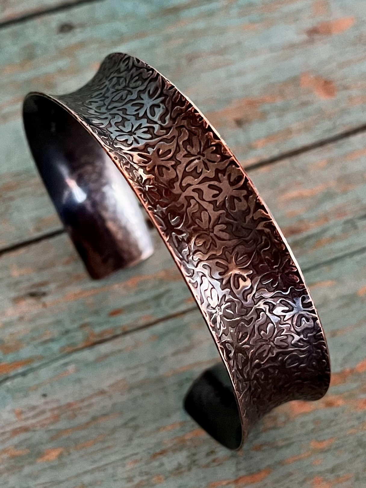 Concave Solid Copper Floral Cuff Bracelet
