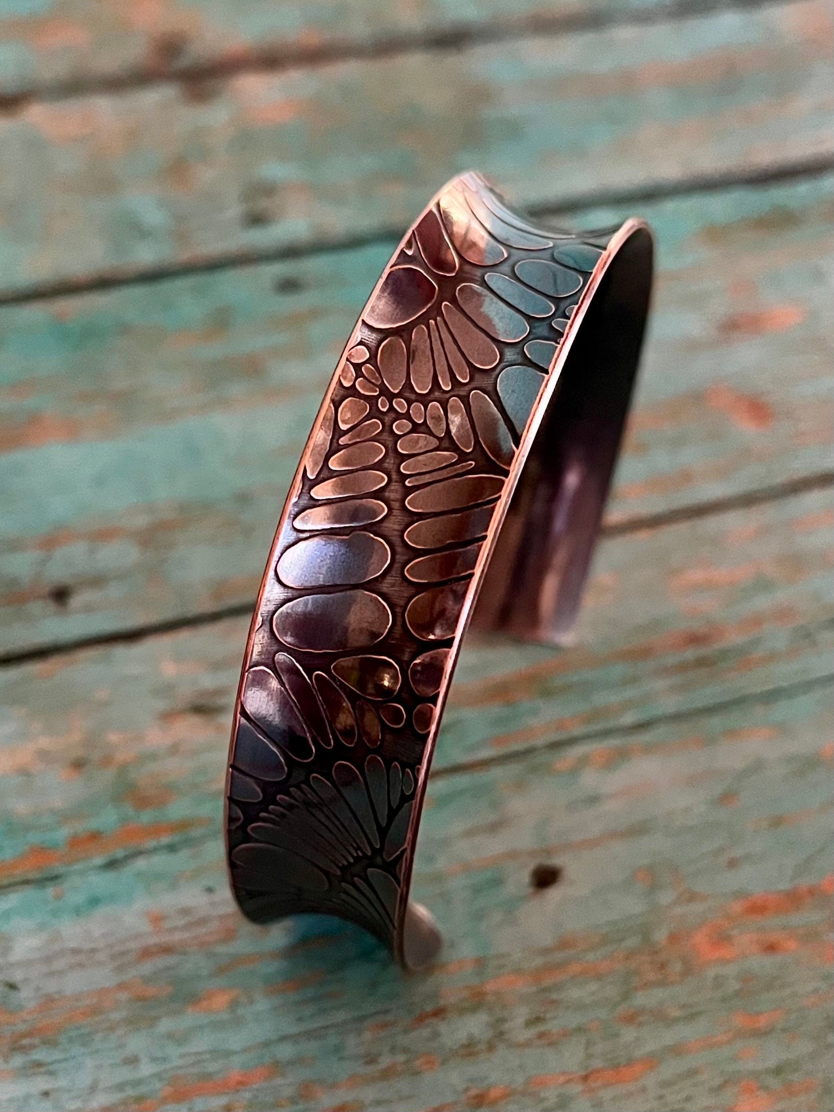 Concave Solid Copper Embossed Cuff Bracelet
