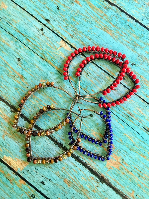 OOAK Boho Petal Hoop Earth Tone Beaded Earrings