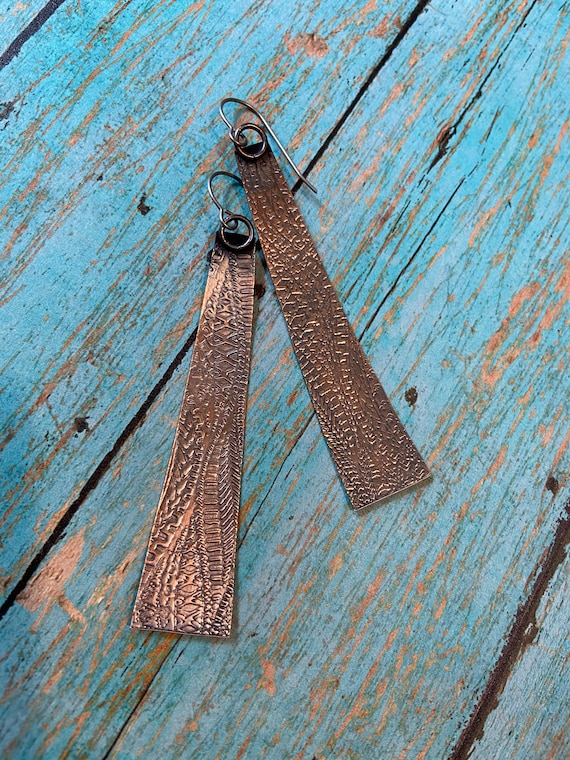 Long Rustic Textured Copper Earrings