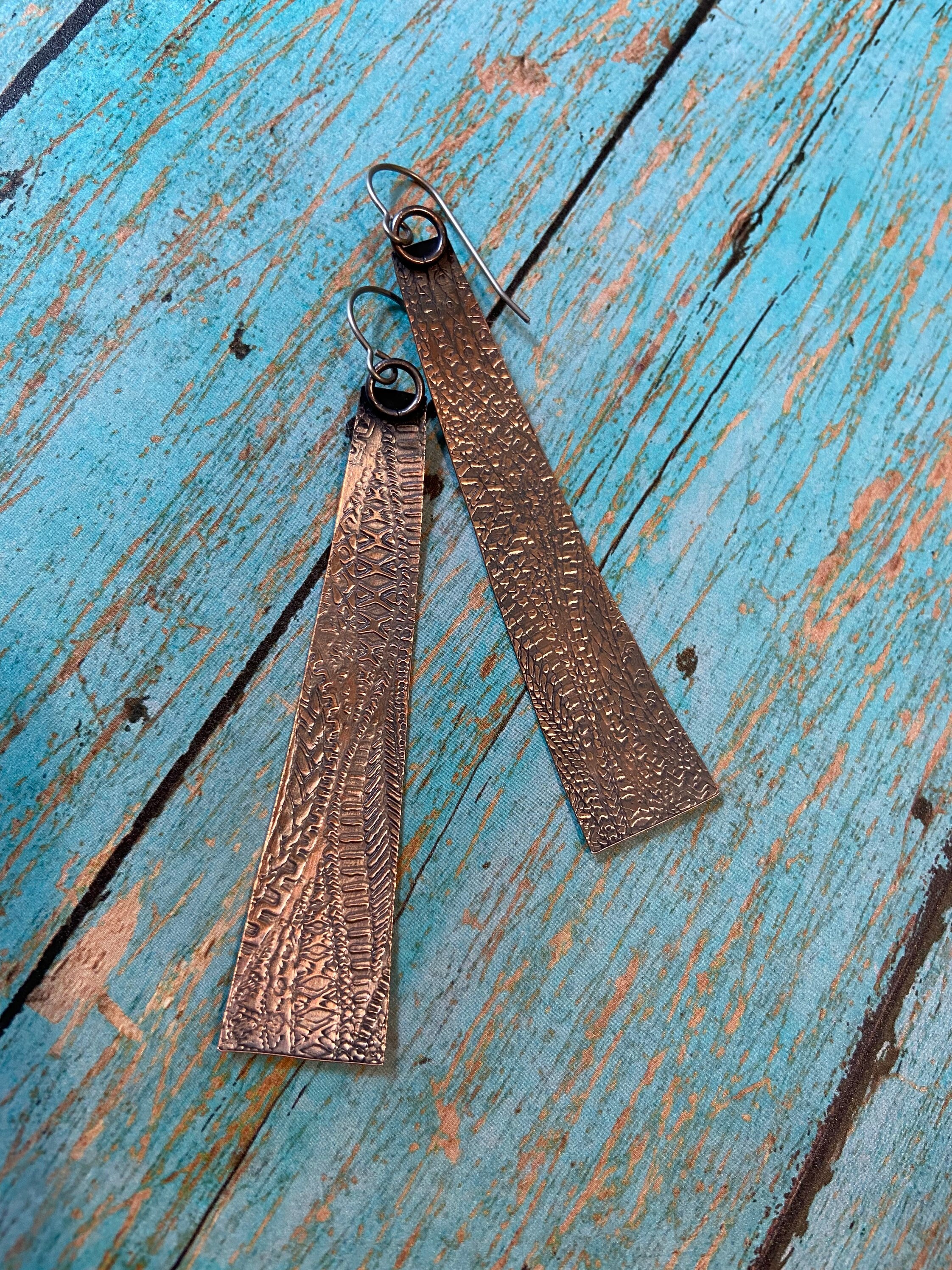 Long Rustic Textured Copper Earrings