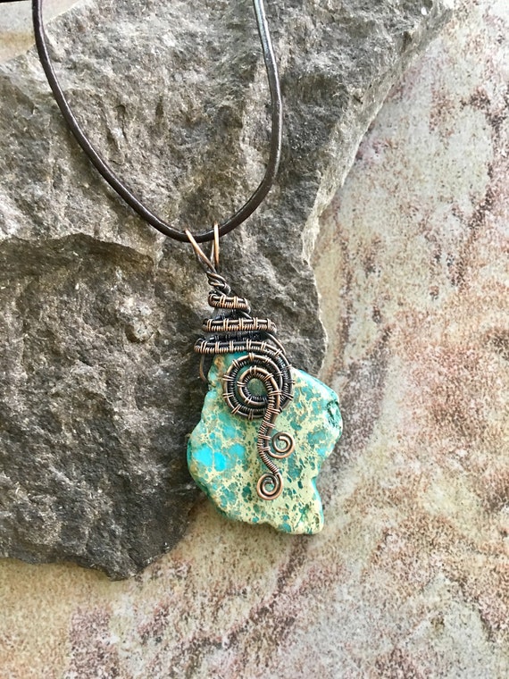 Antiqued Bare Copper Wire Wrapped Pendant Earrings Set with Freeform Turquoise Blue Imperial Jasper